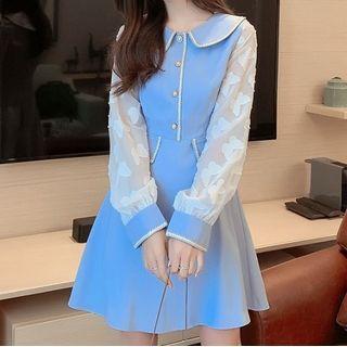 Long-sleeve Buttoned Round Collar A-line Mini Dress