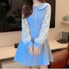 Long-sleeve Buttoned Round Collar A-line Mini Dress