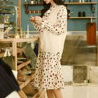 Petal Print Long-sleeve Midi A-line Dress / Knit Vest
