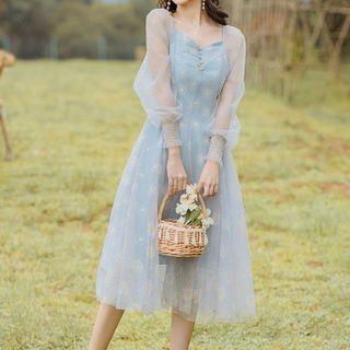 Long-sleeve Floral Print Mesh Midi A-line Dress