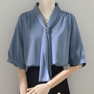 Elbow-sleeve Bow Plain Shirt