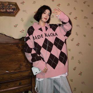 Polo-neck Lettering Argyle Sweater