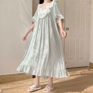 Bell-sleeve Ruffled Sleep Dress Green - One Size