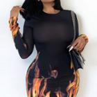 Flame Print Long-sleeve Midi Bodycon Dress