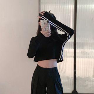 Long-sleeve Striped Crop Top Black - One Size