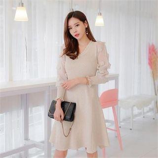 Pom-pom Sheer-sleeve Knit Skirt