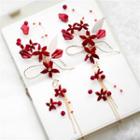 Set: Wedding Flower Hair Clip + Fringed Earring Clip & Clip On Earring - Red - One Size