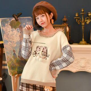 Plaid Panel Embroidered Sweater