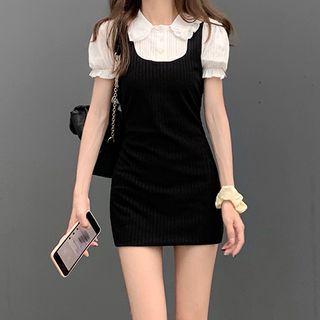 Mock Two-piece Puff-sleeve Peter Pan Collar Lace Panel Jumper Dress Black - One Size