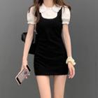 Mock Two-piece Puff-sleeve Peter Pan Collar Lace Panel Jumper Dress Black - One Size