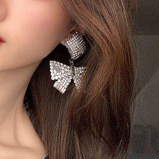 Rhinestone Bow Drop Earring 1 Pair - Silver Needle - Silver - One Size