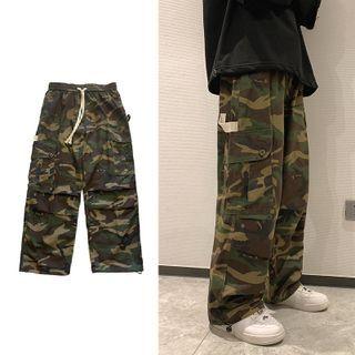 Camouflage Drawstring Wide Leg Cargo Pants
