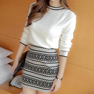 Set: Contrast Trim Long-sleeve Knit Top + Striped Knit Skirt