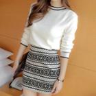 Set: Contrast Trim Long-sleeve Knit Top + Striped Knit Skirt