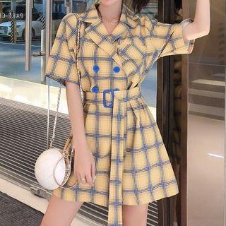 Short-sleeve Double-breasted Check Playsuit