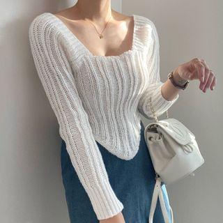 Long-sleeve Asymmetrical Ribbed Knit Crop Top