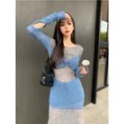 Long-sleeve Two-tone Knit Dress Blue - One Size
