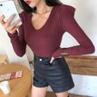 Puff-shoulder Slim-fit Rib Top