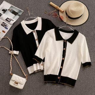 Short-sleeve Paneled Polo-neck Cardigan