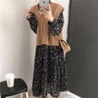 Floral Printed Long Sleeve Dress / Cable Knit Vest