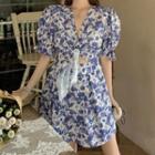 Short-sleeve Floral Print Cutout Mini Dress Aqua Blue - One Size
