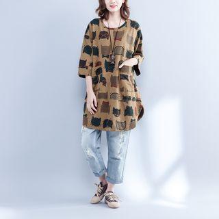 3/4-sleeve Patterned Oversize T-shirt