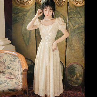 Puff-sleeve Lace Midi A-line Dress