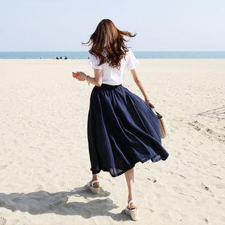 Linen Blend Flare Skirt With Sash