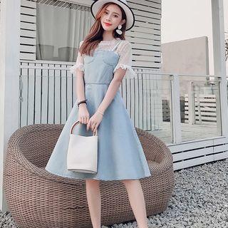 Set: Short-sleeve Mesh Top + Spaghetti-strap A-line Denim Dress