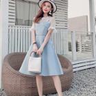 Set: Short-sleeve Mesh Top + Spaghetti-strap A-line Denim Dress