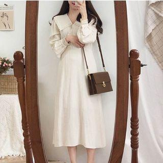 Long-sleeve Collared Lace-trim A-line Dress