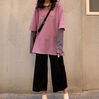 Mock Two-piece Long-sleeve Lettering T-shirt / Capri Wide-leg Pants