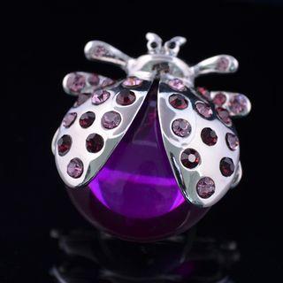 Acrylic & Rhinestone Ladybird Open Ring Purple & Silver - One Size