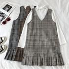 Color-block Plaid V-neck Ruffled-trim Sleeveless Dress