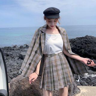 Set : Plaid Blazer + High-waist Accordion Pleat Skirt