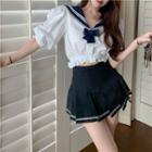 Puff-sleeve Sailor-collar Crop Shirt / High-waist Pleated Mini Skirt