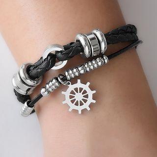 Stainless Steel Layered Braided Leather Bracelet