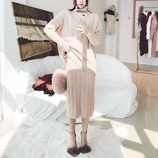 Set: Turtleneck Cable-knit Sweater + Straight Cut Midi Knit Skirt