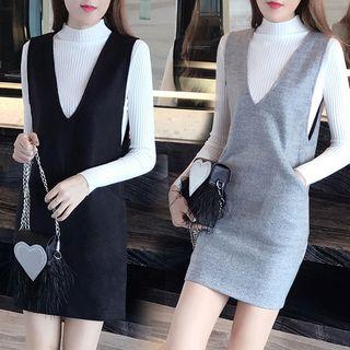 Set: Mock Neck Knit Top + V-neck Mini Pinafore Dress