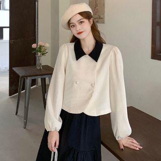 Long-sleeve Collared Double-breasted Blouse