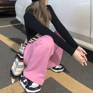 Long-sleeve Plain Cropped Top / High-waist Wide-leg Pants