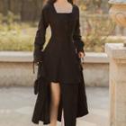 Long-sleeve Plain Lace-up Midi Dress