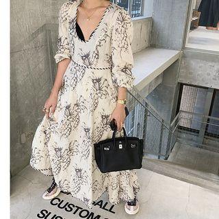 Pineapple Print Long-sleeve Maxi Dress / Spaghetti Strap Dress
