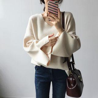Plain V-neck Bell-sleeve Loose-fit Knit Top