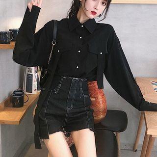 Plain Long-sleeve Blouse / Asymmetric High-waist Denim Shorts