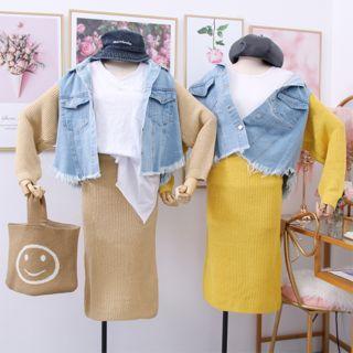 Set: Mock Two-piece Frayed Jacket + Knit Pencil Skirt