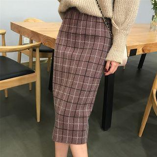 Plaid Midi H-line Skirt Khaki - One Size