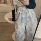 Flower Print High-waist Wide-leg Pants Blue Floral - White - One Size