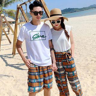 Couple Matching Lettering Short-sleeve T-shirt / Plain Tank Top / Plaid Shorts / Cropped Wide-leg Pants / Set