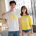 Couple Matching Lettering Short-sleeve T-shirt / Mesh Panel Lettering Elbow-sleeve T-shirt